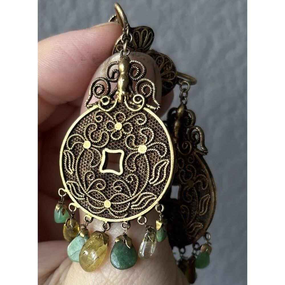 VtG 1930s Chinese Export Coin Filigree Mesh Dangle Green Stone Beads Earrings - Picture 6 of 10